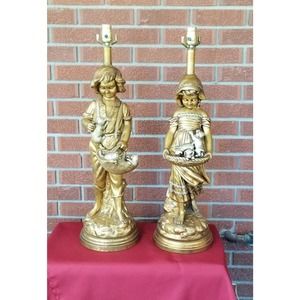 MCM Gold Gilt Chalkware Boy With Kittens Girl With Puppies Lamp Set